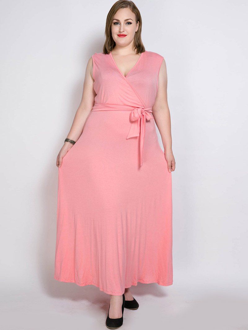 

Plus Size Long Surplice Prom Dress with Belt, Pink