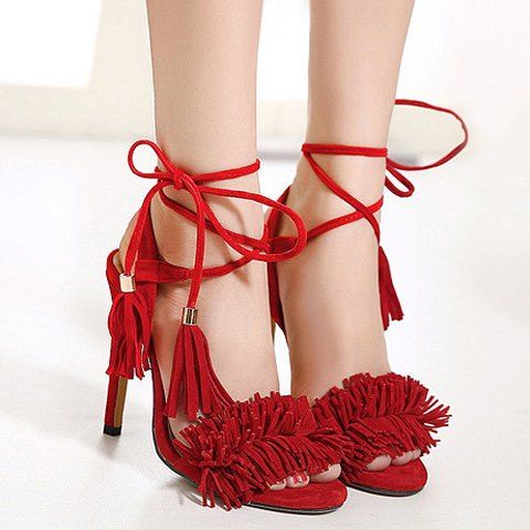 Tie Up Fringe Sandals - RED 38