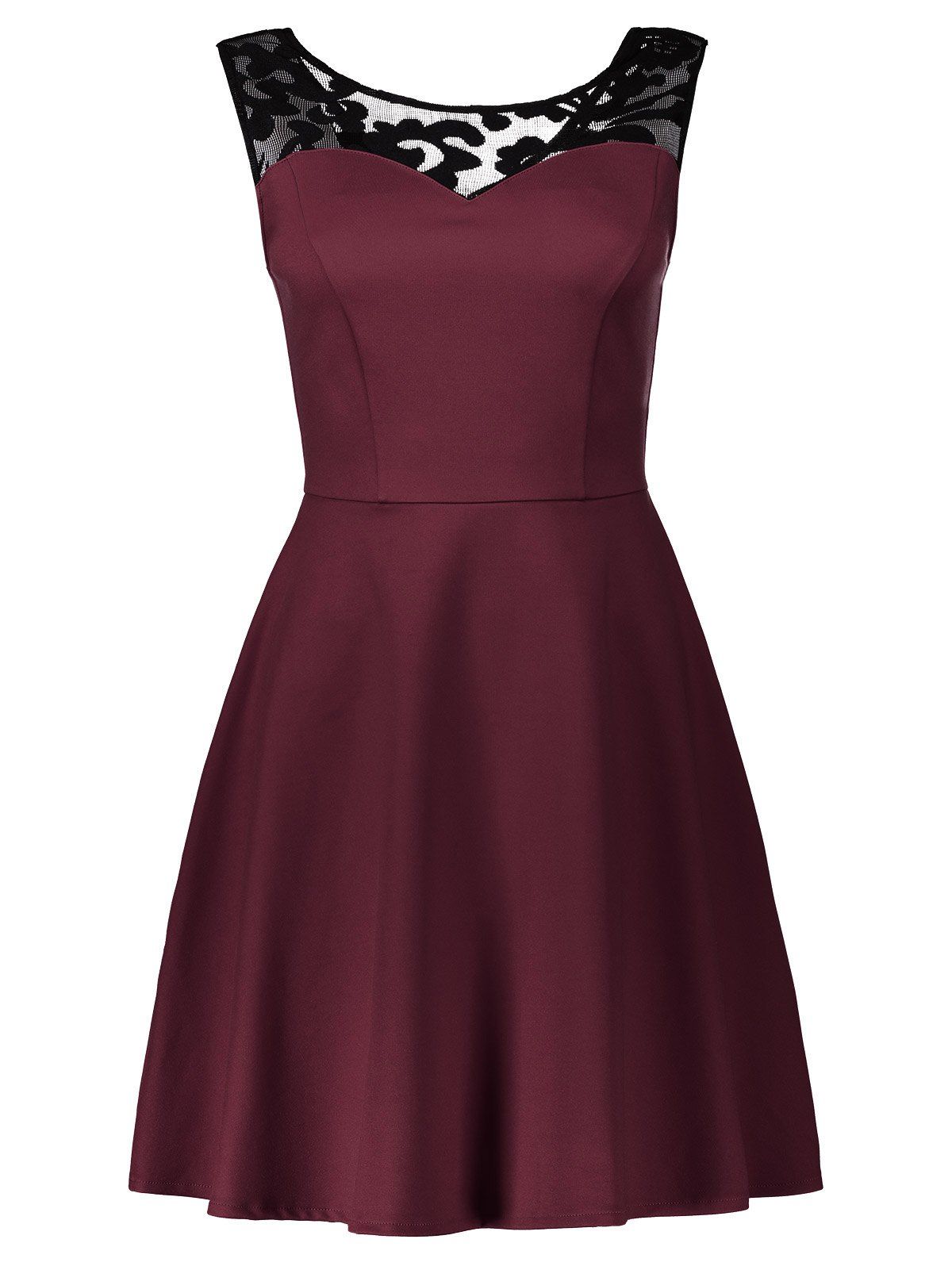 

Lace Panel Sleeveless A Line Dress, Wine red