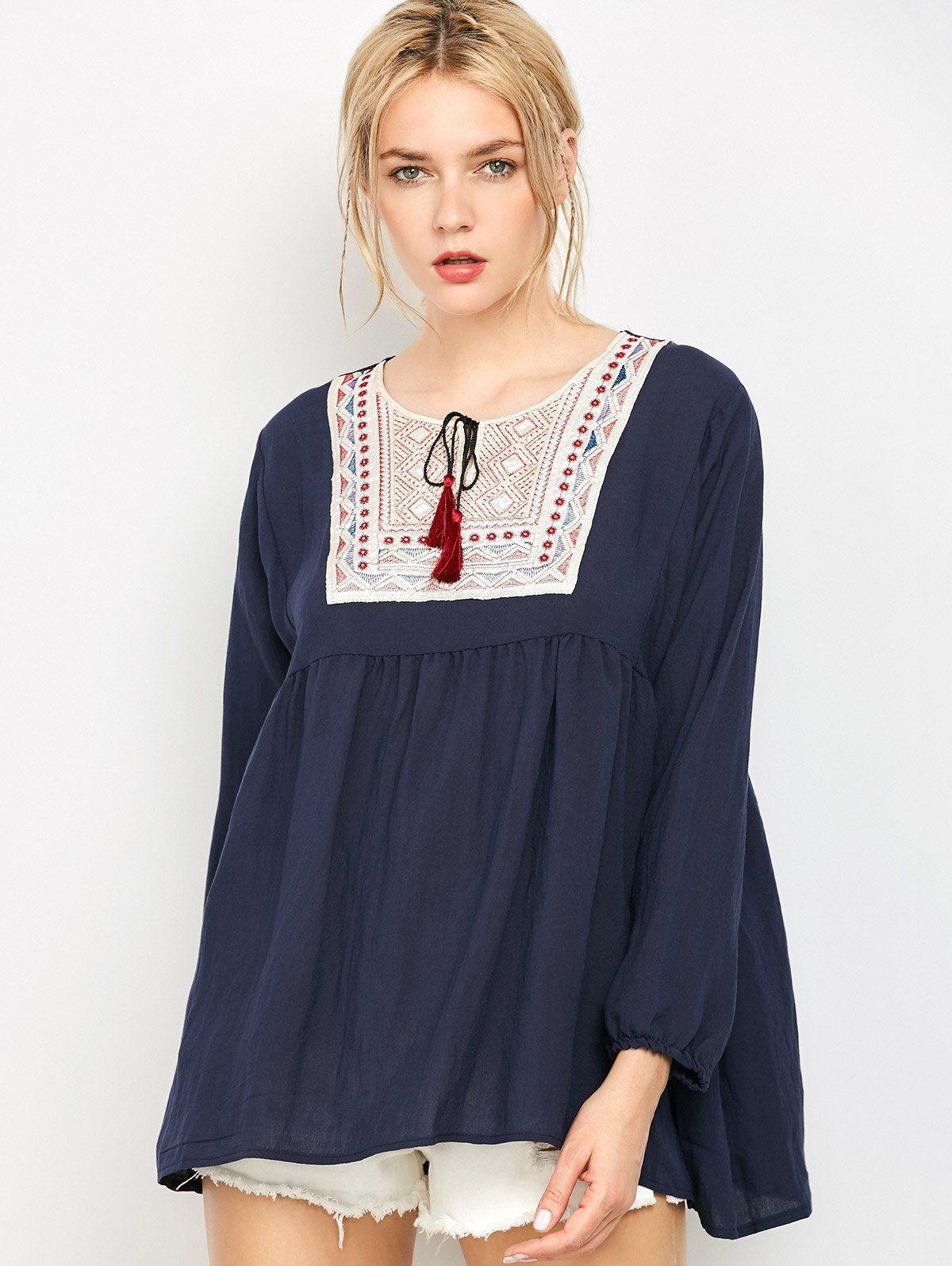 [41% OFF] 2021 Ruched Embroidered Loose Blouse In PURPLISH BLUE | DressLily