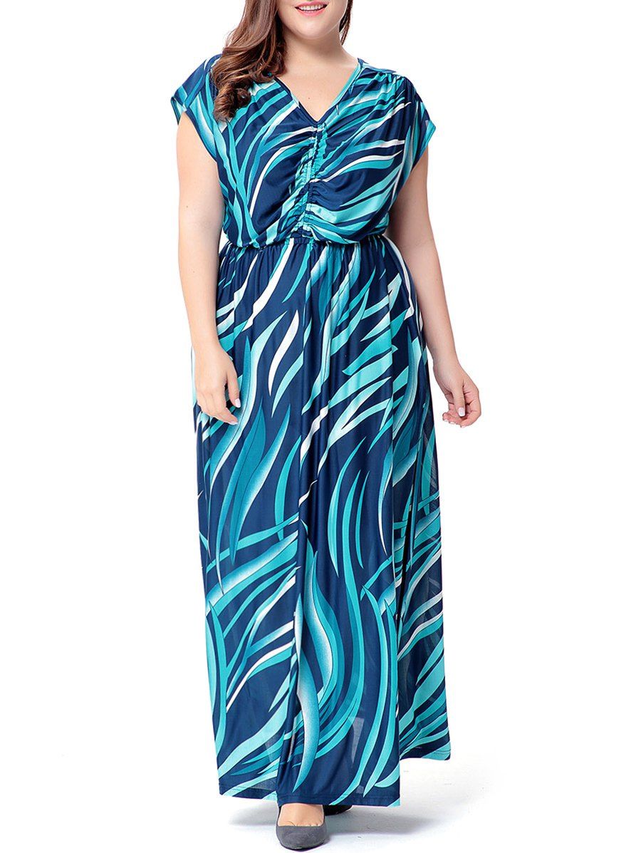 [41% OFF] 2021 Plus Size Wave Printed V Neck Maxi Dress In LAKE BLUE ...