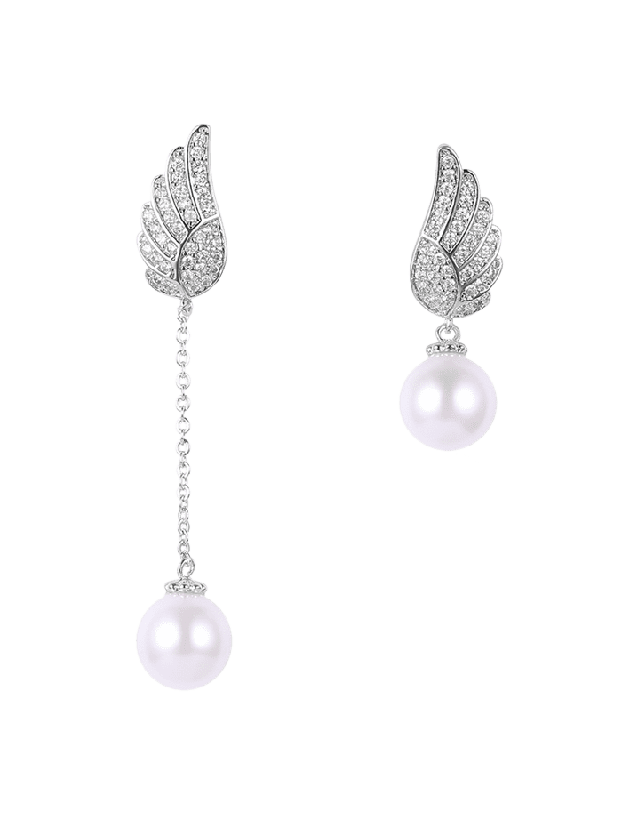 

Wing Fake Pearl Asymmetric Earrings, Silver