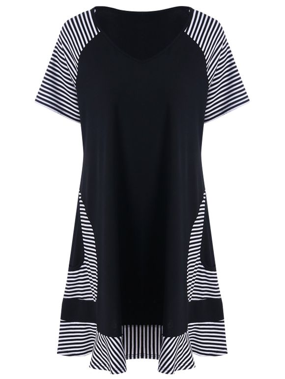 T-shirt Long Grande Taille à Rayures Fines - Blanc et Noir 5XL