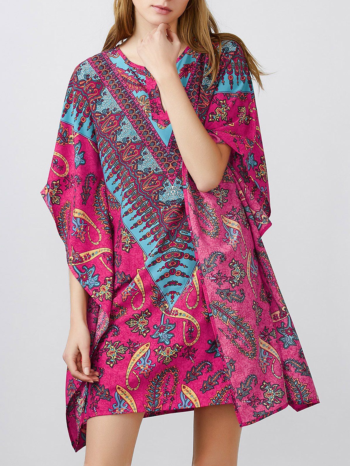 

Notched Collar Dolman Sleeve Printed Dress, Rose red