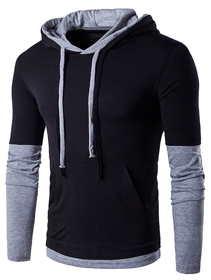 

Hooded Panel Faux Twinset Drawstring T-Shirt, Black