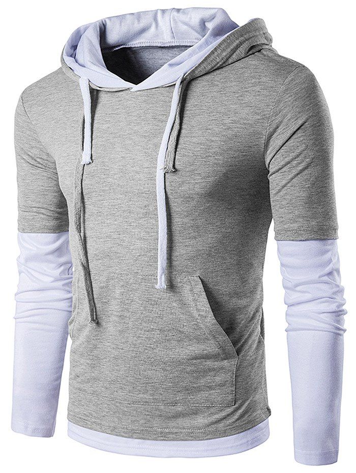 

Hooded Panel Faux Twinset Drawstring T-Shirt, Light gray