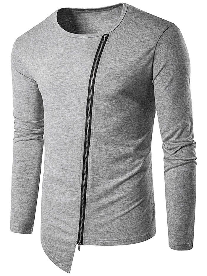

Long Sleeve Oblique Zip Up Design T-Shirt, Gray