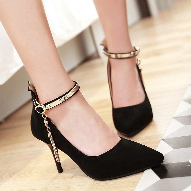 black high heels with tassels