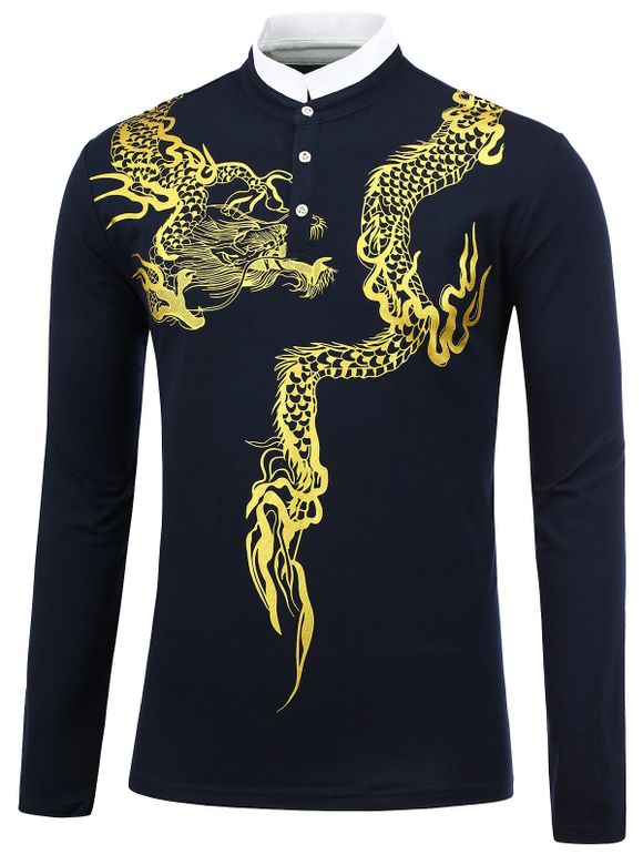 Pied de col du Dragon Print Shirt - Bleu Saphir 3XL