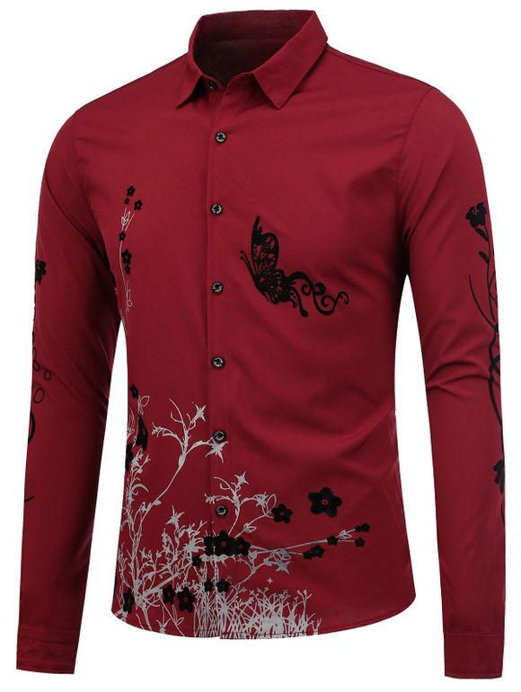 Slim Fit Papillon Floral Shirt - Rouge vineux 2XL