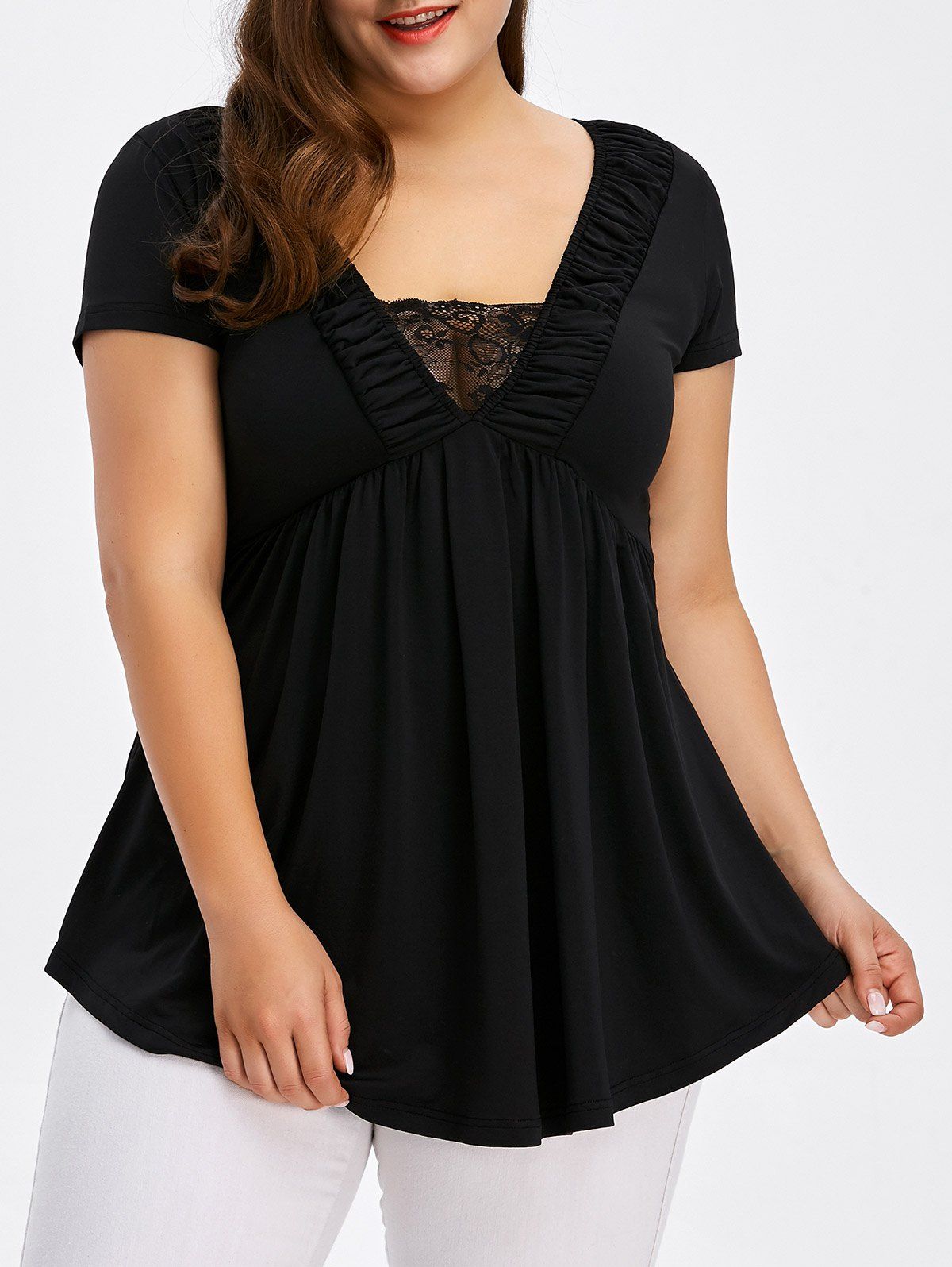 [41% OFF] 2021 Plus Size Lace Insert Empire Waist T-Shirt In BLACK ...