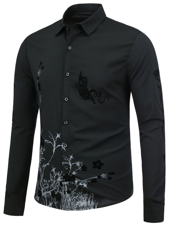 Slim Fit Papillon Floral Shirt - Noir M