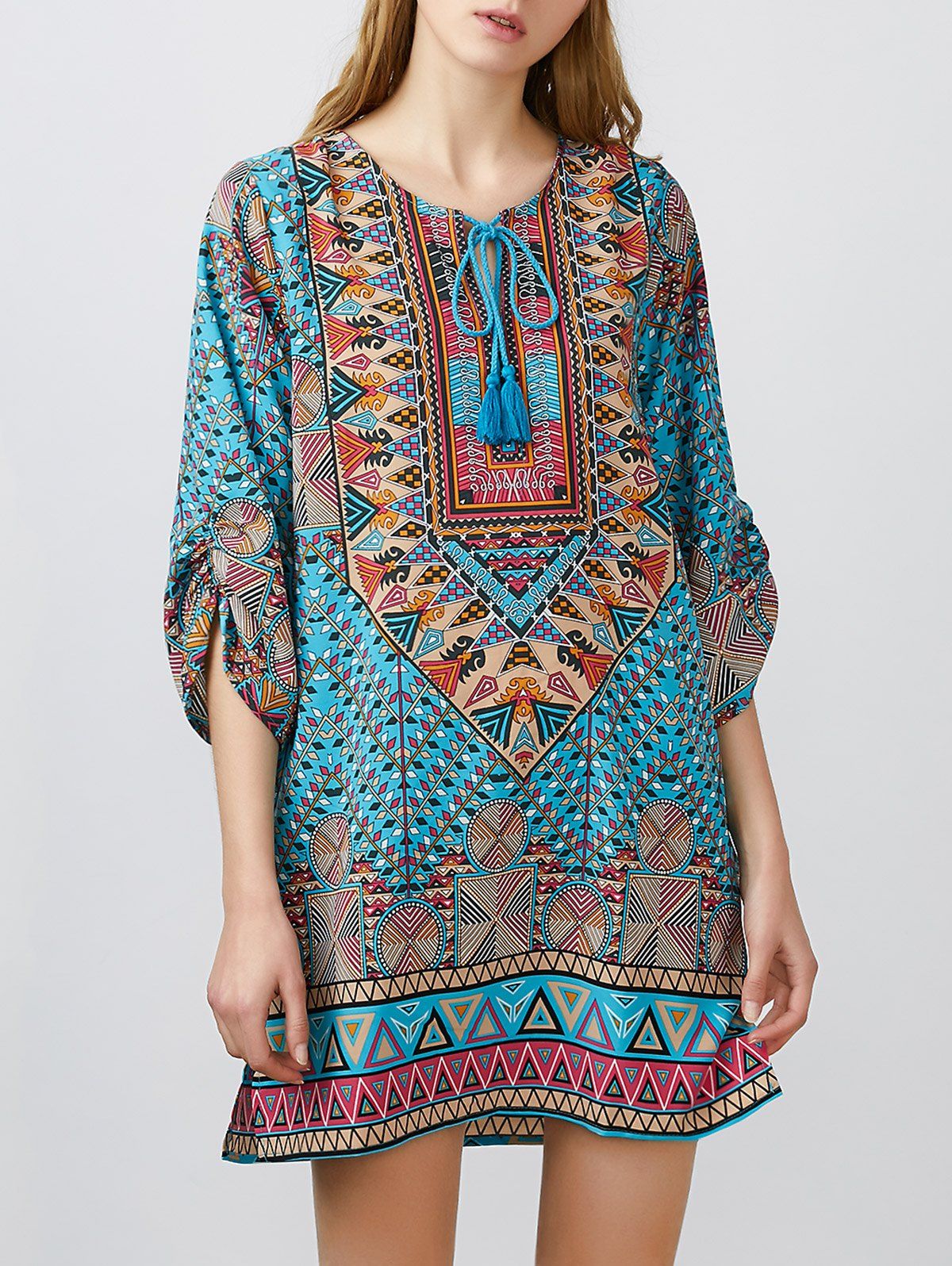 

Tribal Print Tessels Mini Dress, Sky blue