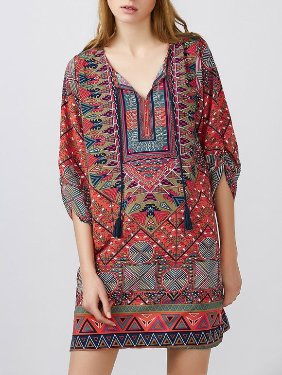 Tribal Imprimer Mini-robe Avec Glands - Tangerine XL
