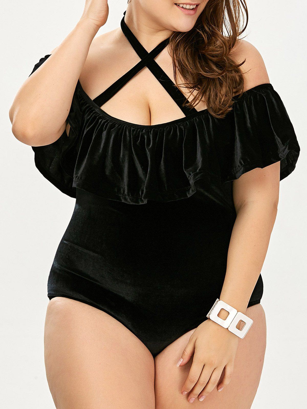 

Velvet Flounce Plus Size Halter Neck Swimwear, Black
