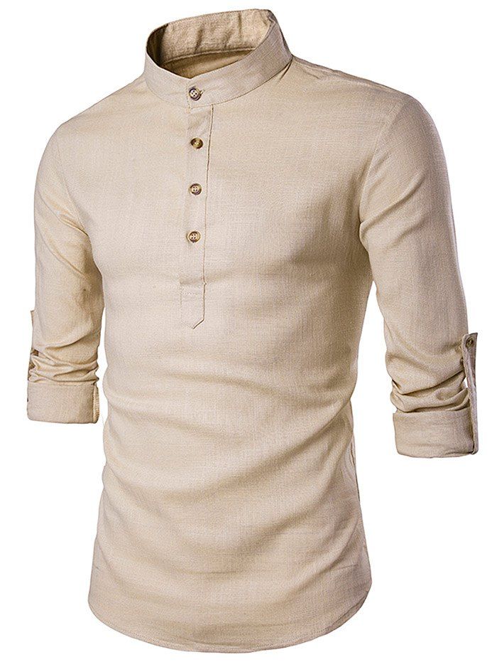 

Stand Collar Cotton Linen Long Sleeve Shirt, Khaki