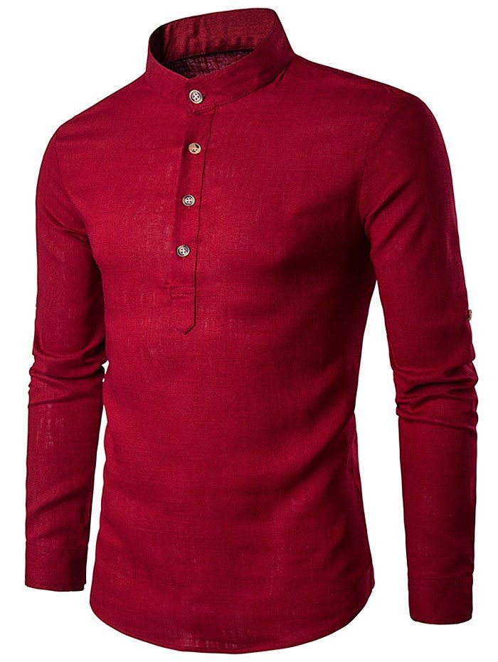 

Stand Collar Cotton Linen Long Sleeve Shirt, Red