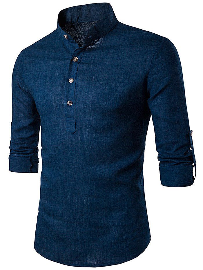 

Stand Collar Cotton Linen Long Sleeve Shirt, Purplish blue