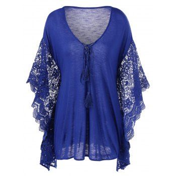 [41% OFF] 2023 Plus Size Butterfly Sleeve Crochet Trim Blouse Lace Tops ...