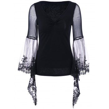 [41% OFF] 2024 Flare Sleeve Sheer Lace Trim T-Shirt In BLACK | DressLily