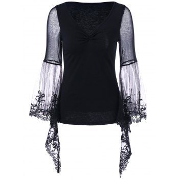 [17% OFF] 2024 Flare Sleeve Sheer Lace Trim T-Shirt In BLACK | DressLily