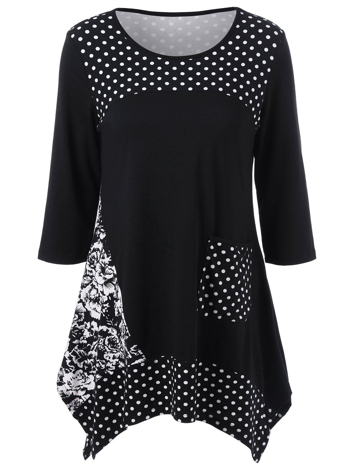 [17% OFF] 2021 Single Pocket Polka Dot And Floral T-Shirt In BLACK ...