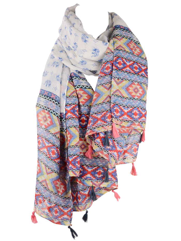 

Indian Elephants Geometry Print Tassels Pendant Pashmina Scarf, Red