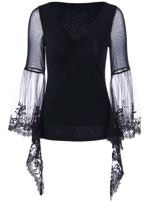 Flare Sleeve Sheer Lace Trim T-Shirt - Noir 2XL