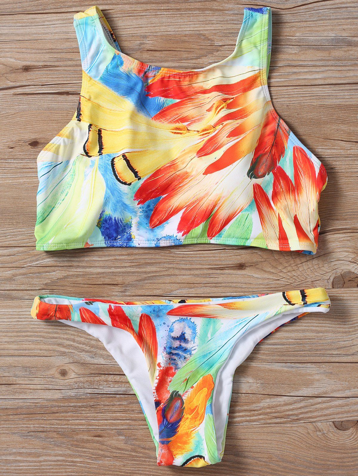 

Mock Neck Leaf Print Bikini Set, Colormix