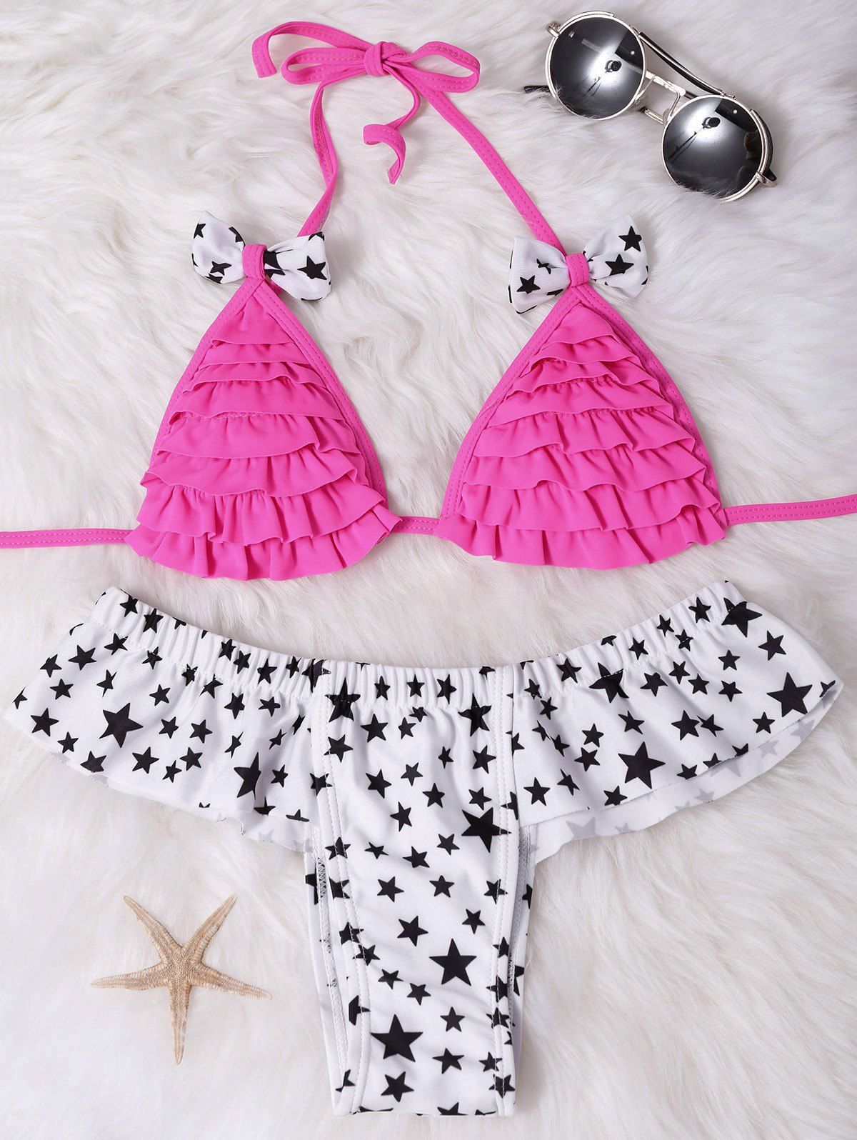 

Star Printed Flounced Halter Cute Two Piece Swimsuit, Hot pink