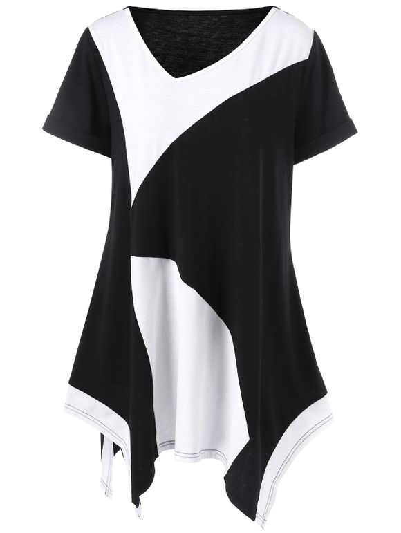 T-shirt Asymétrique Grande Taille à Manches Retroussées - Blanc et Noir 2XL