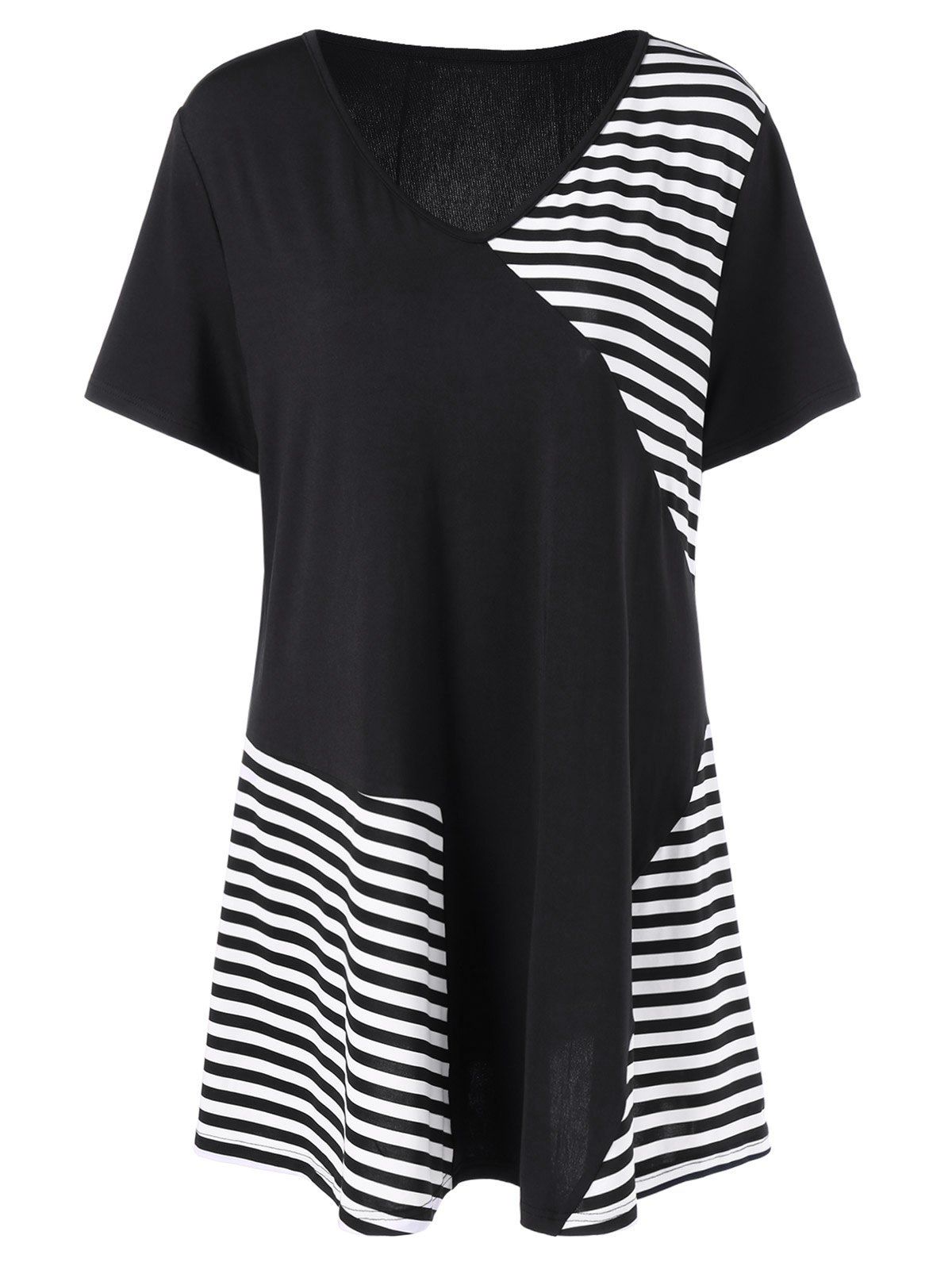 

Plus Size V Neck Striped Tee, Black stripe