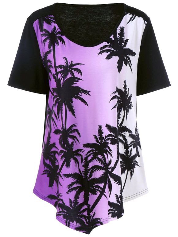 T-shirt Ombre Asymétrique Grande Taille à Motif Plante - Noir et Violet 2XL