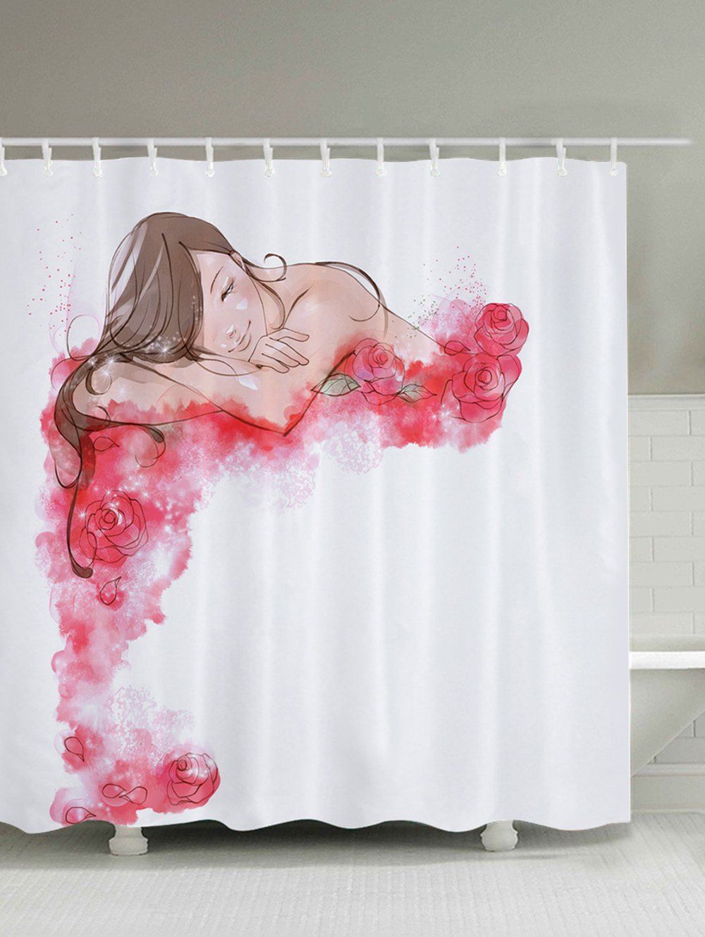 

Bath Decor Cartoon Girl Flower Print Shower Curtain, Rose red
