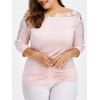 T-shirt Froncé Grande Taille à Panneau en Crochet - Rose Clair 2XL