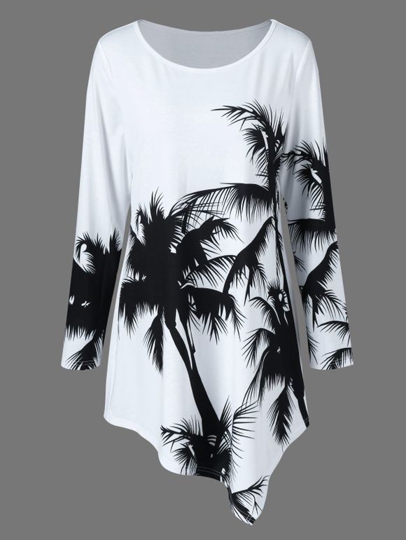 T-shirt Asymmetrique Imprimé Palmier Grande Taille à Manches Longues - Blanc et Noir 2XL