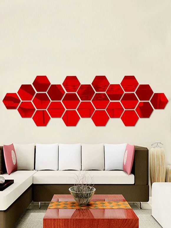Autocollant Mural 3D Hexagone Créatif 12 Pièces - Rouge 