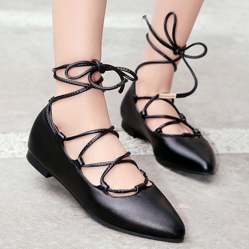 PU Leather Tie Up Flat Shoes - BLACK 37
