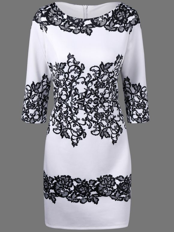 Zip arrière dissimulée Robe à fleurs - Blanc et Noir XL