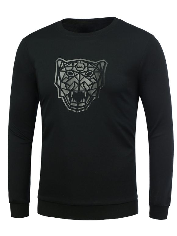 Motif Lion Crew Neck T-Shirt - Noir 3XL