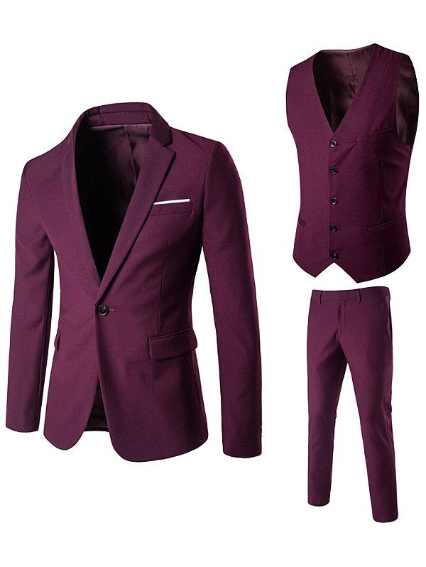 

Lapel One Button Edging Waistcoat Three Piece Suit, Wine red