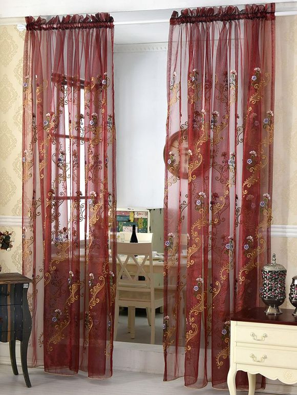 Rideau pour Fenêtre en Tulle Transparente avec Broderie Florale - Rouge Foncé 100*200CM