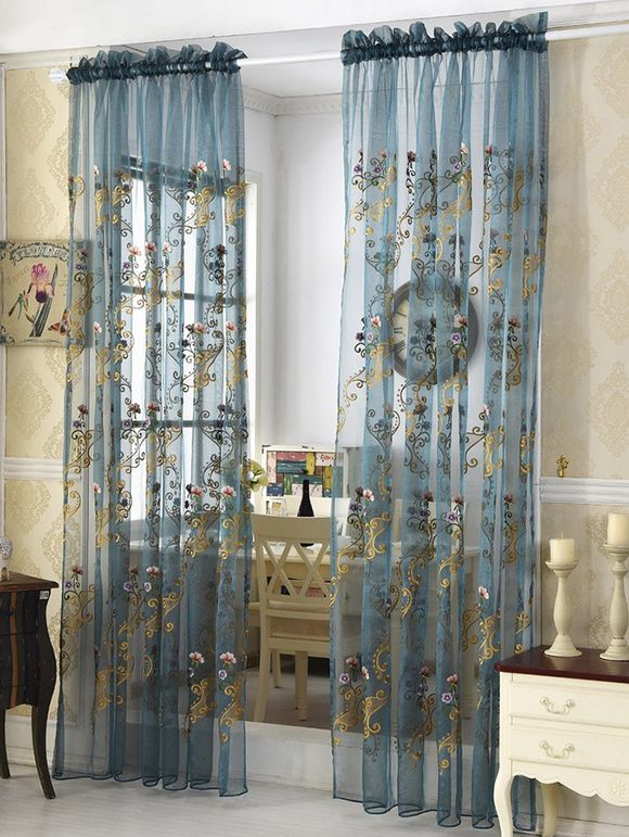 Rideau pour Fenêtre en Tulle Transparente avec Broderie Florale - Bleu Glacé 100*200CM