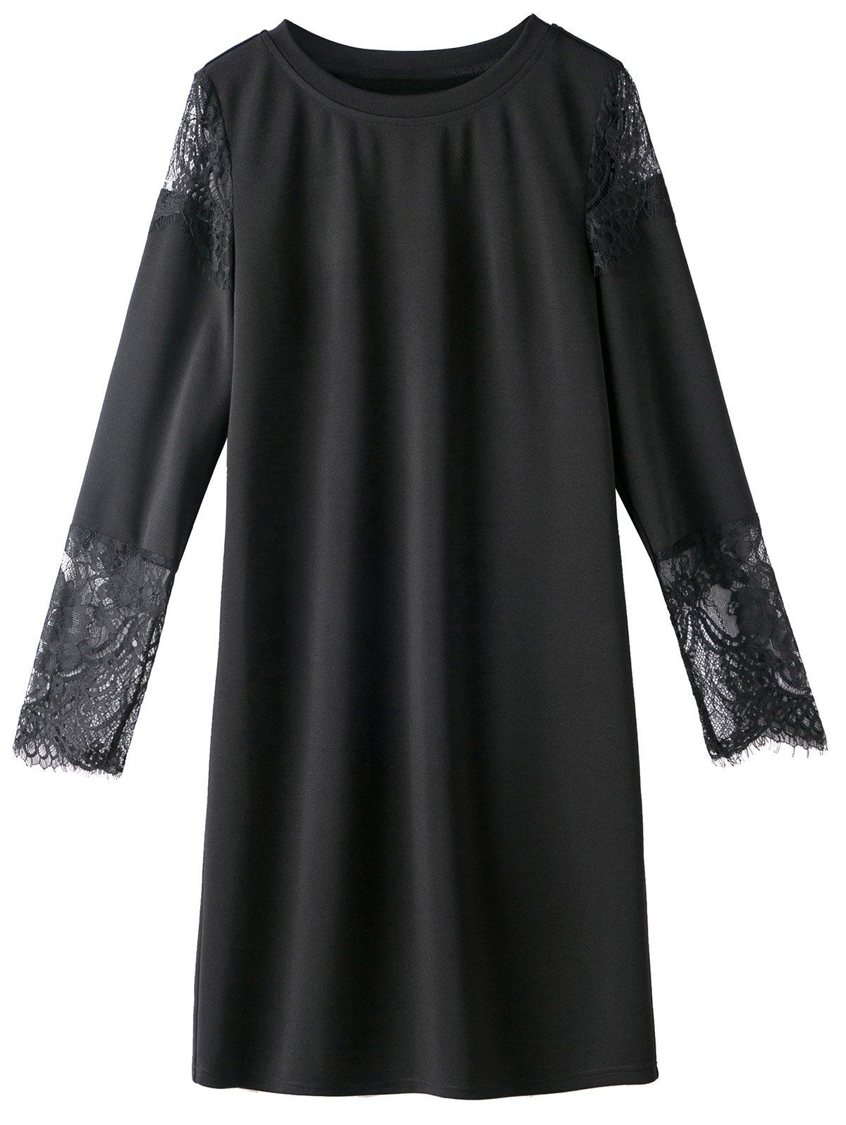 

Lace Trim Long Sleeve Plus Size Tunic Dress, Black