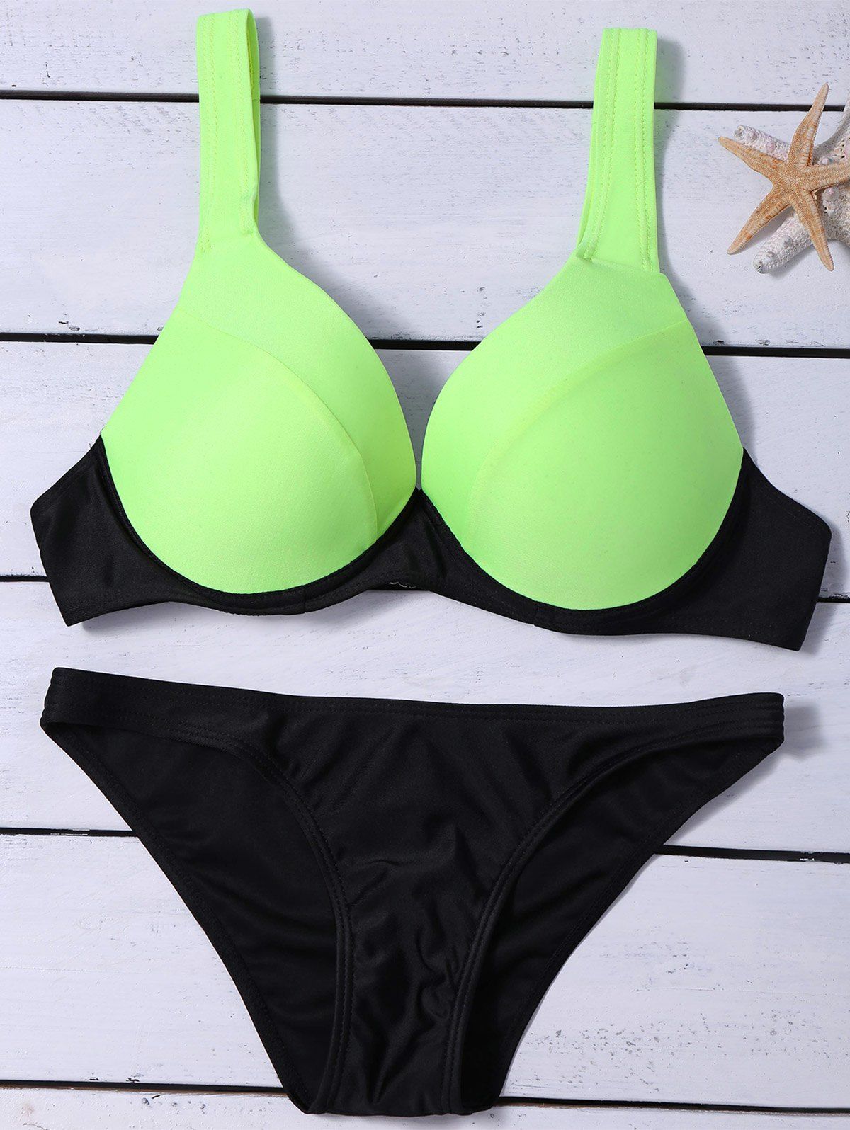 

Color Block Push Up Underwire Bikini Set, Black and green