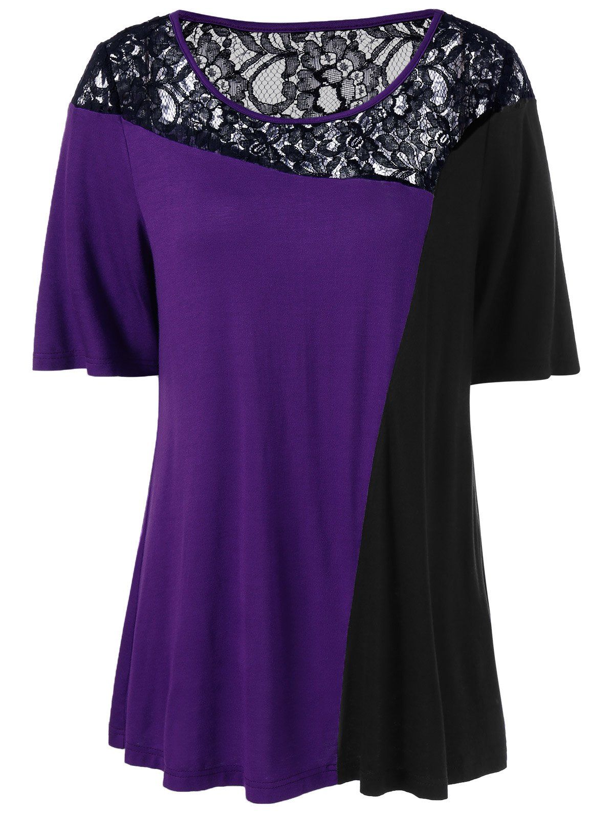 [17% OFF] 2021 Plus Size Lace Panel Two Tone T-Shirt In BLACK/PURPLE ...