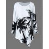 T-shirt Asymmetrique Imprimé Palmier Grande Taille à Manches Longues - Blanc et Noir 2XL