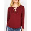 Lace Up Curved Hem Tee - Rouge vineux M