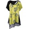T-shirt Floral Asymétrique Grande Taille à Manches Chauves-Souris - Jaune et Noir 5XL