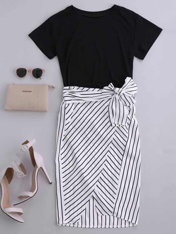 Haut Slit Striped Two Piece Dress - Noir XL
